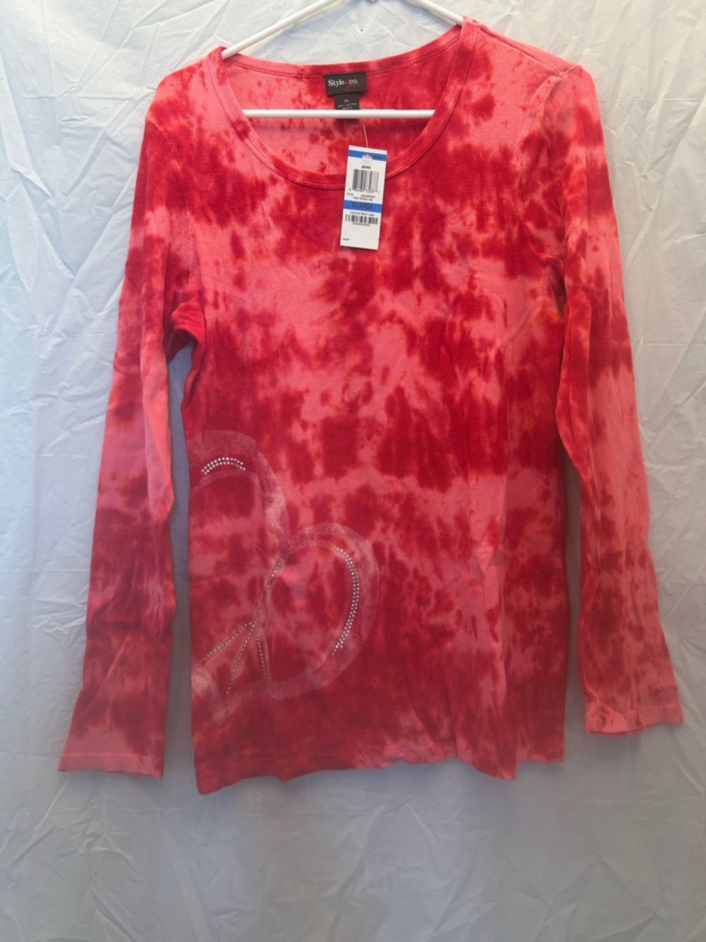 Style & Co. Red Tie-Dye Long Sleeve Tee with Rhinestone Heart Sz XL NWWT